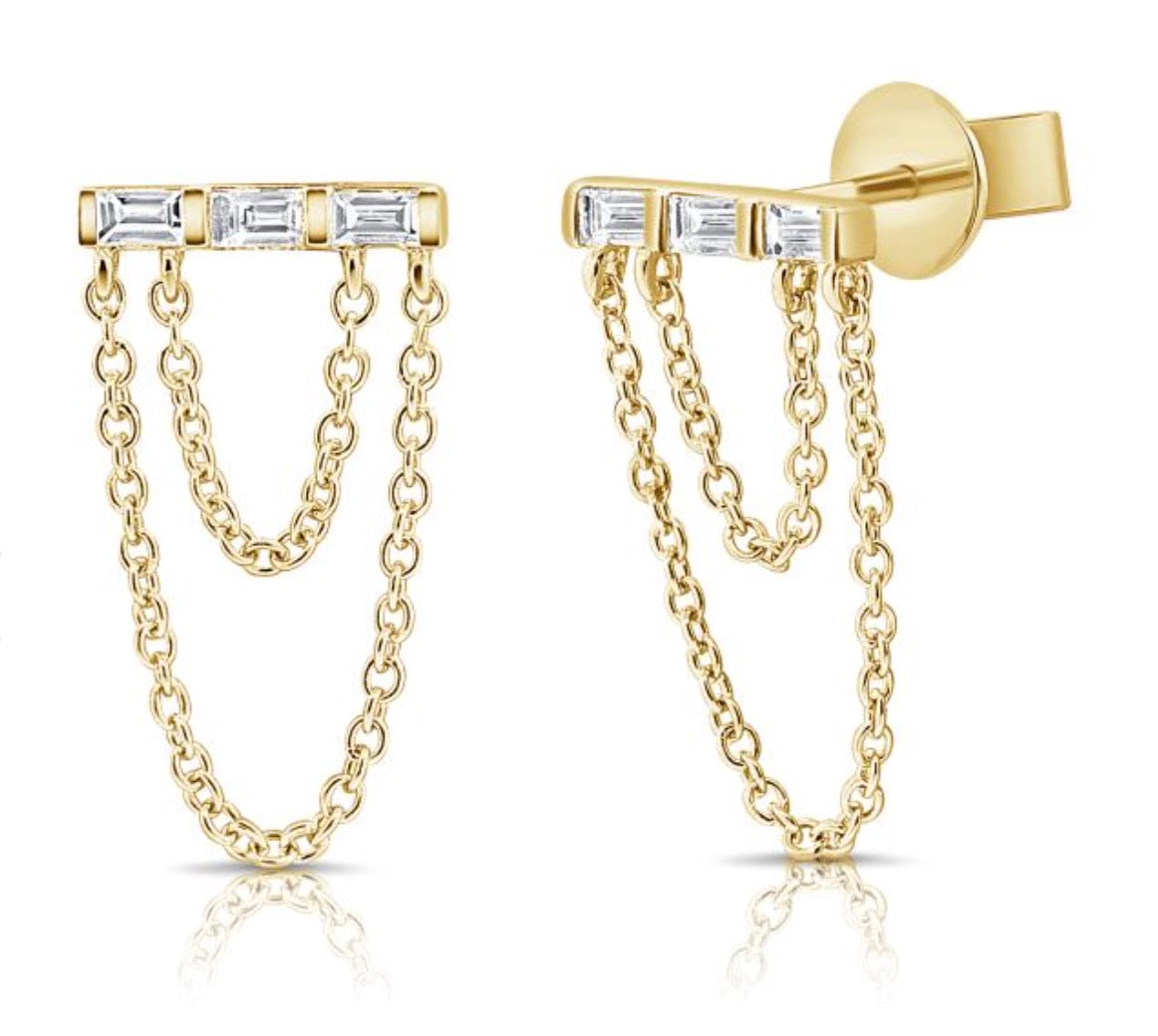 Baguette Diamond Stud Earrings with Double Chain