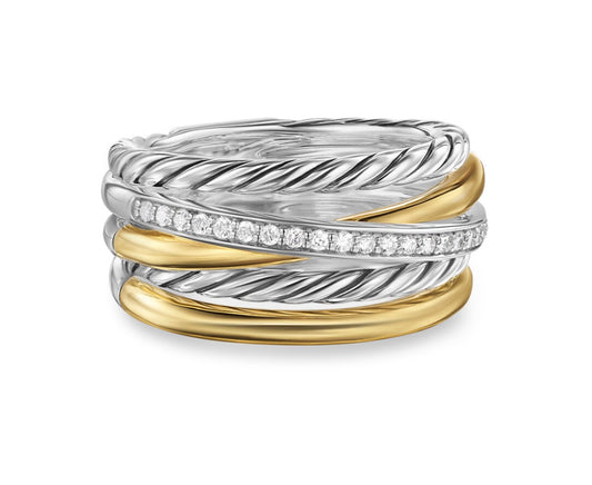 Crossover Five Row Ring in Sterling Silver with 18K Yellow Gold and Diamonds, 11mm