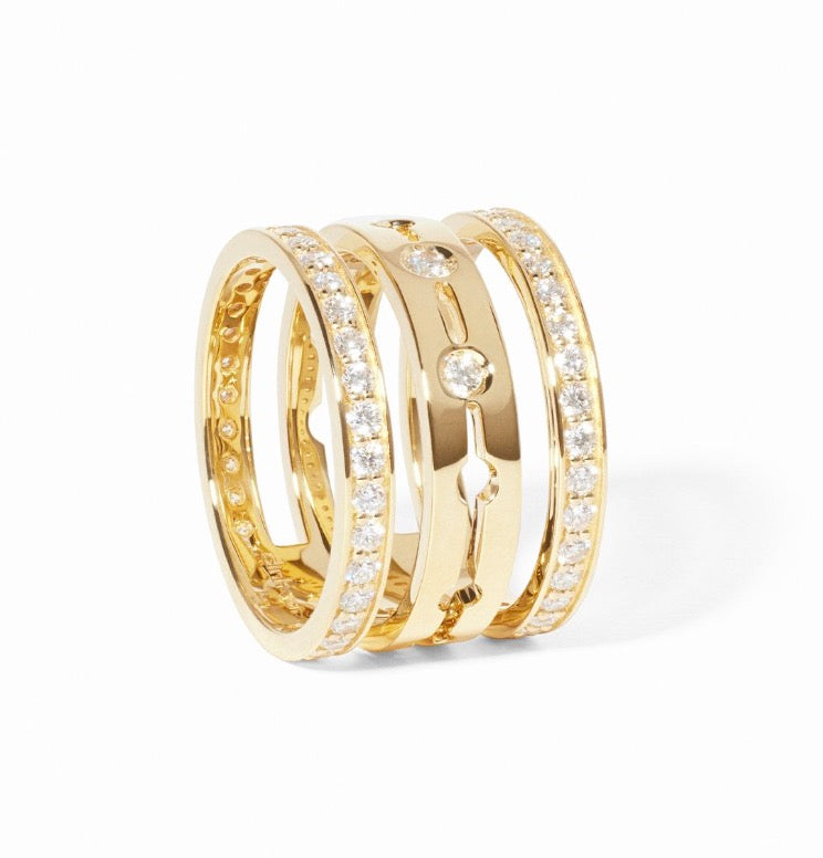 Gold Pulse Pave Diamond Three Row Ring