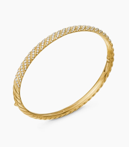 Sculpted Cable Bangle Bracelet in 18K Yellow Gold with Diamonds, 4.6mm