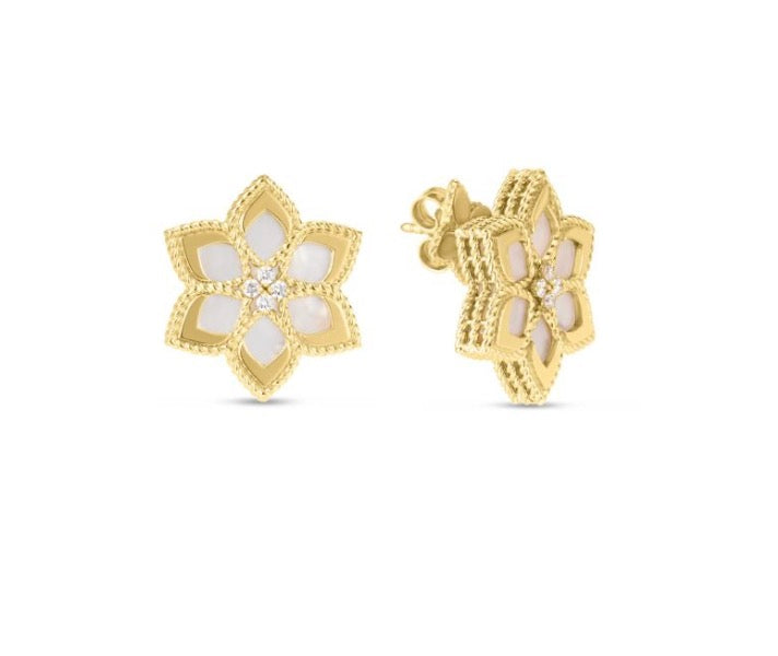 Vernazza Diamond & Mother of Pearl Flower Stud Earrings in Yellow Gold