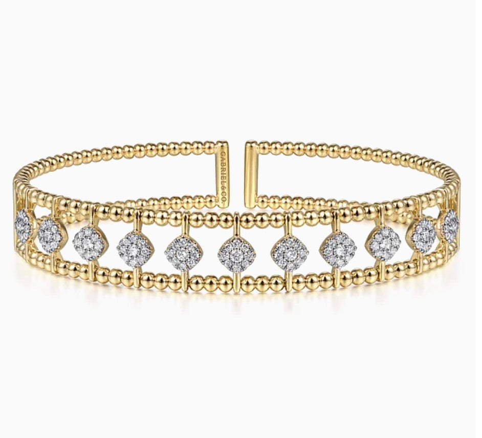 2 Row Beaded Cuff Bracelet With Diamond Pave Stations