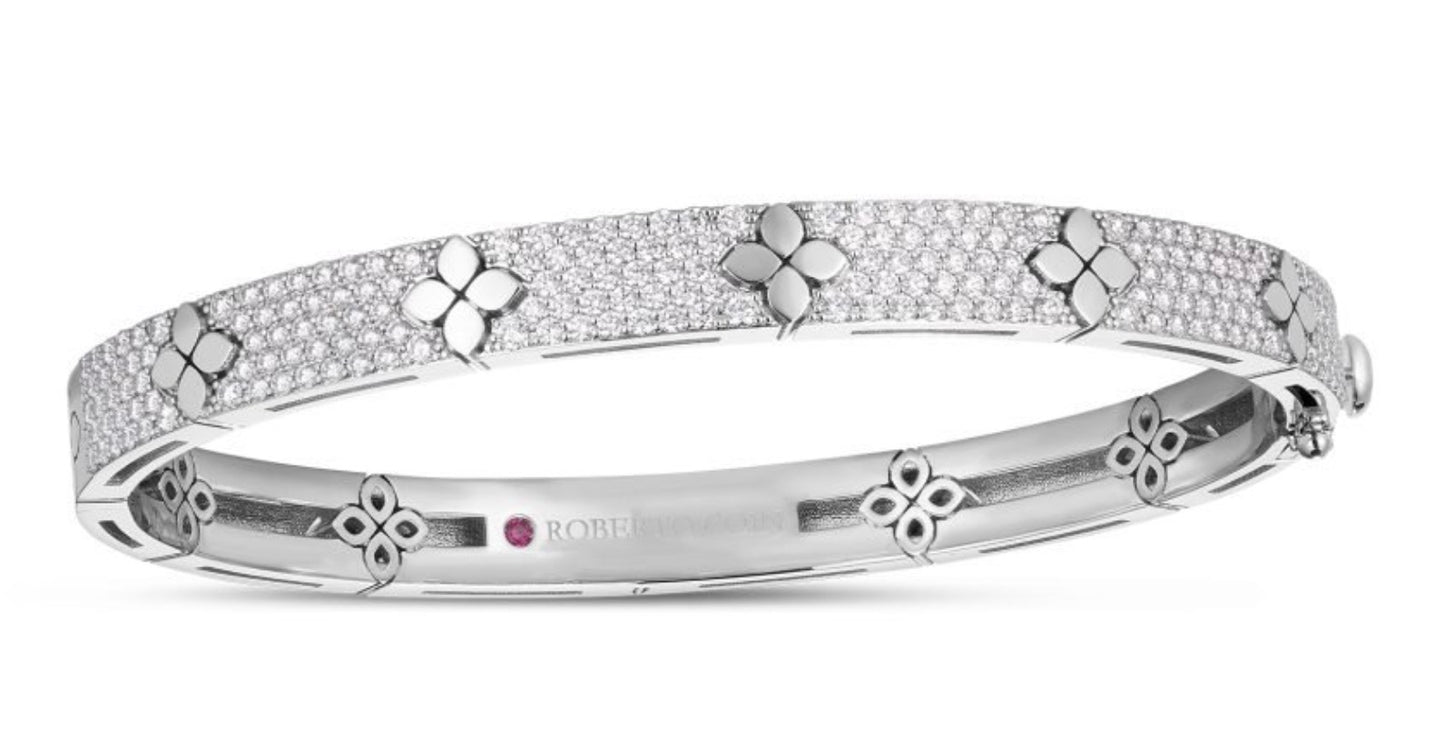 'Love in Verona' Pave Diamond and Polished Flower Bangle in White Gold