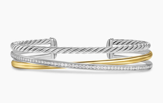 Crossover Three Row Bracelet in Sterling Silver with 18K Yellow Gold and Diamonds, 11mm