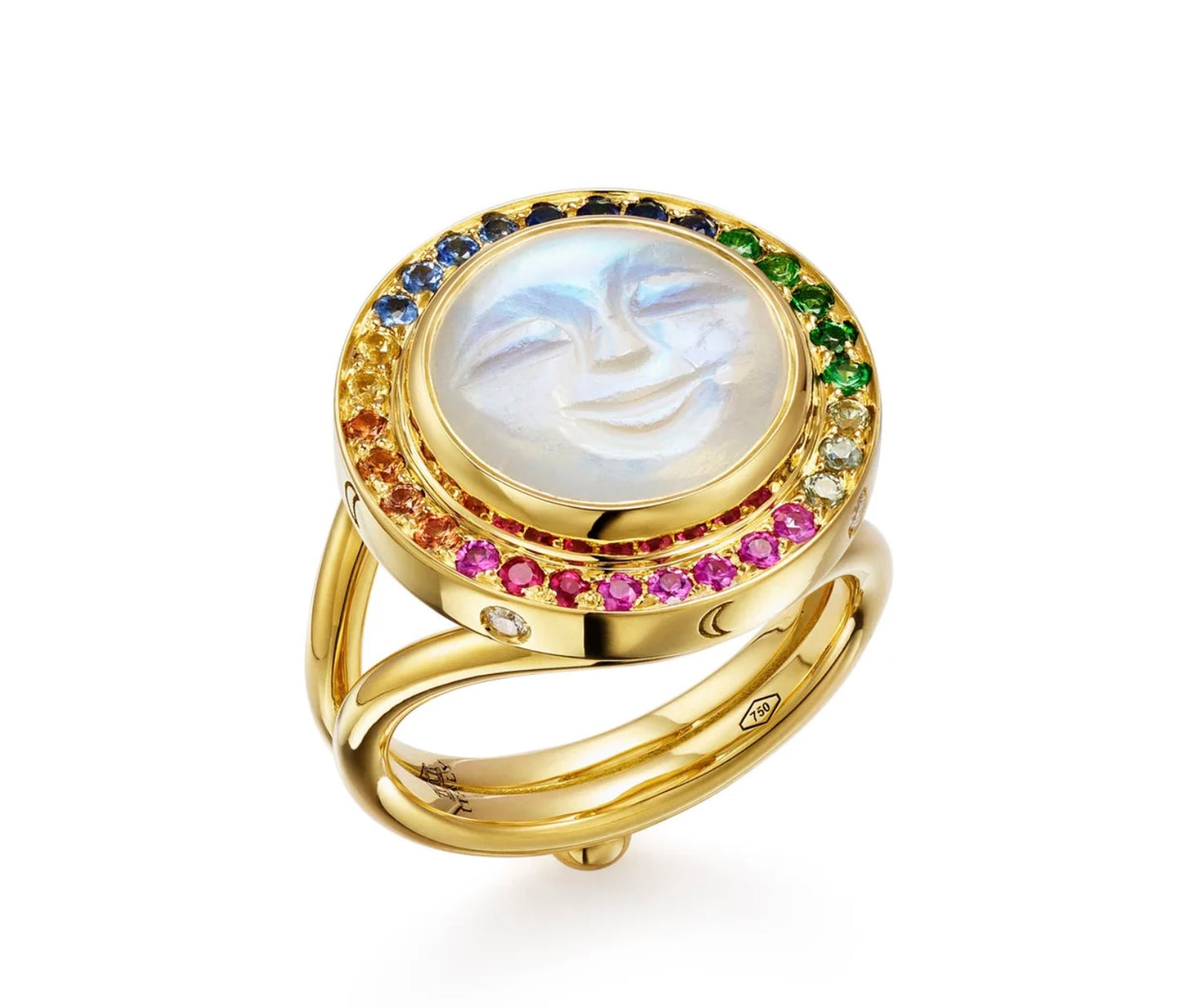 Rainbow Moonface Ring with Multicolor Sapphire, Moonstone, Diamonds and Ruby