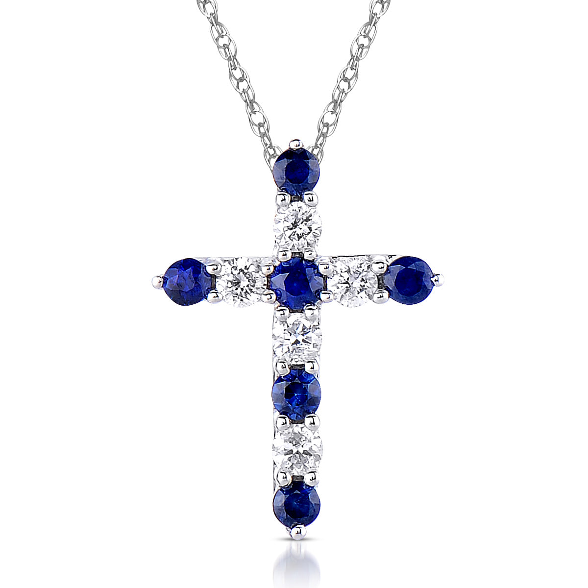 Diamond Cross Necklace with Blue Sapphires