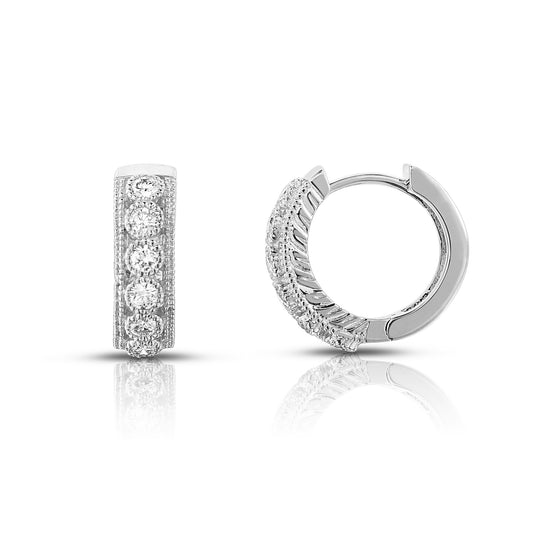 Huggie Hoops with Round Bezel Set Diamonds and Milgrain