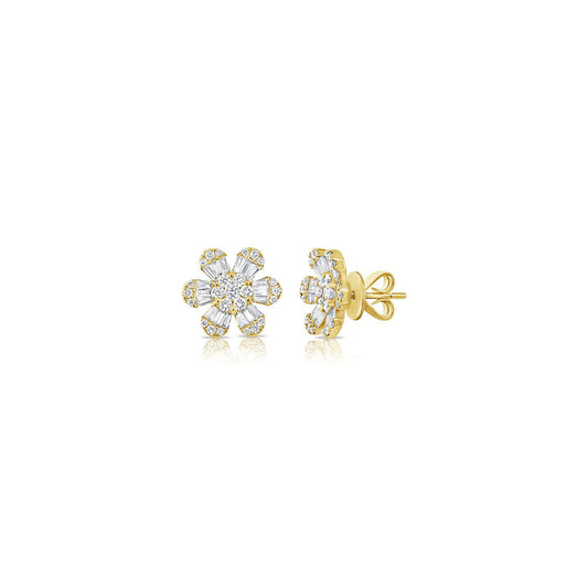 Round & Baguette Diamond Flower Studs