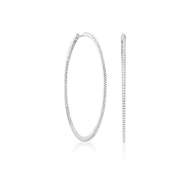 Large Micropave Thin In/Out Diamond Hoops in White Gold