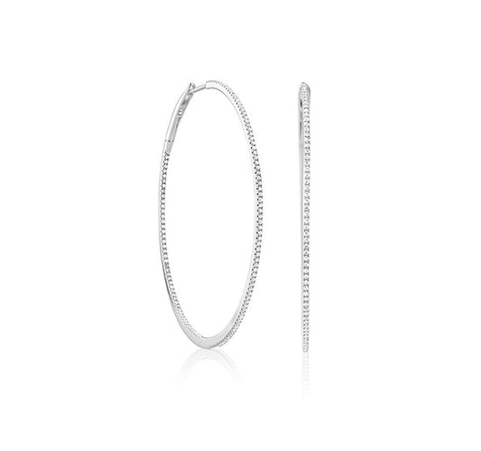 Large Micropave Thin In/Out Diamond Hoops in White Gold