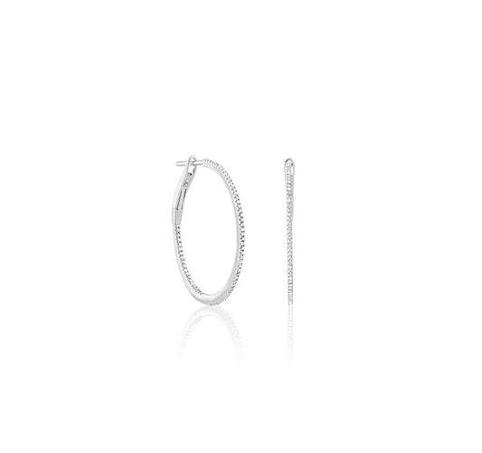 Small Micropave Thin In/Out Diamond Hoops in White Gold