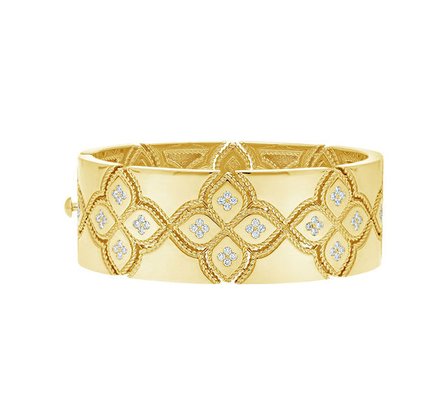 18k Yellow Gold Wide Diamond Accent Bangle