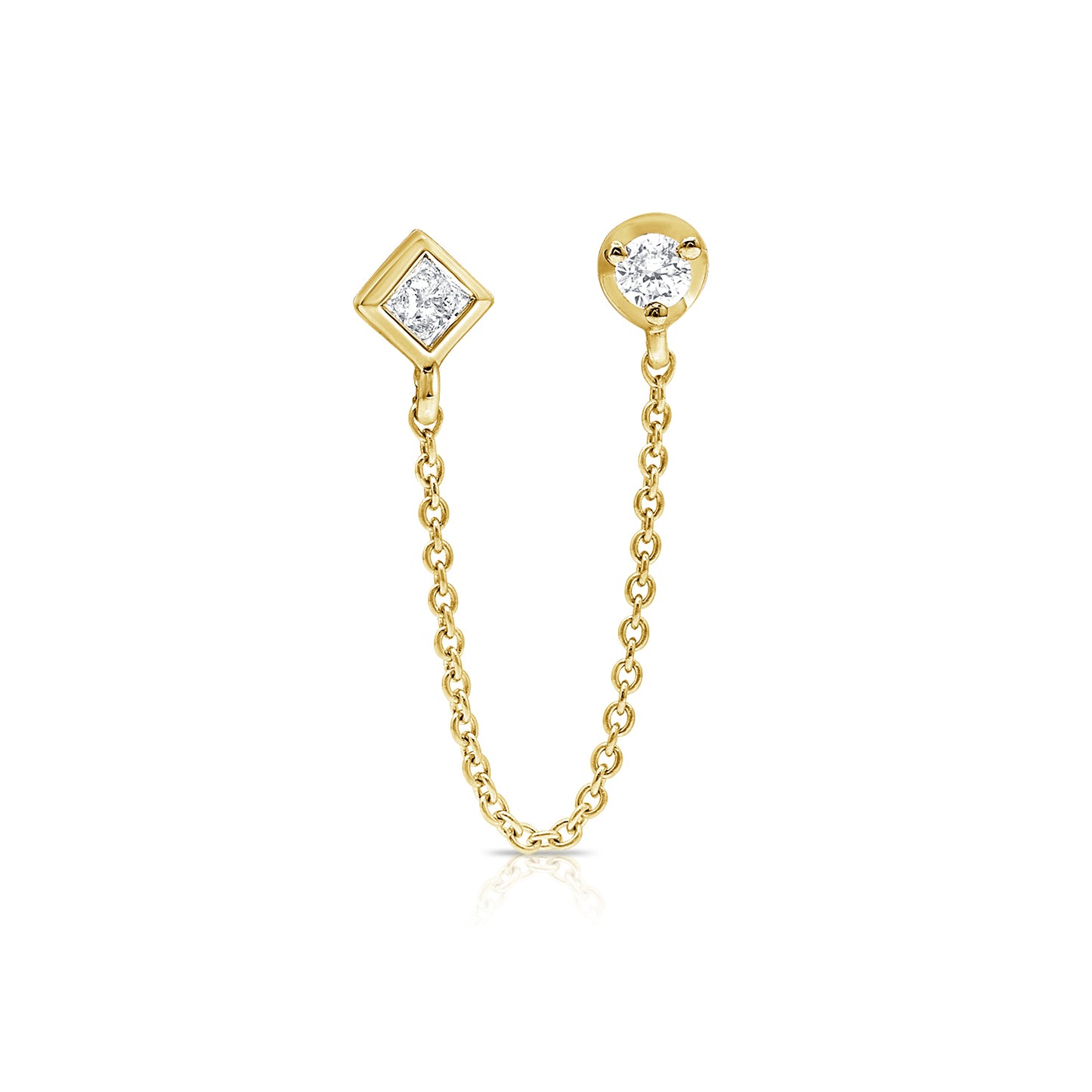 Single Double-Stud Earring with Chain Connection with Princess and Round Cut